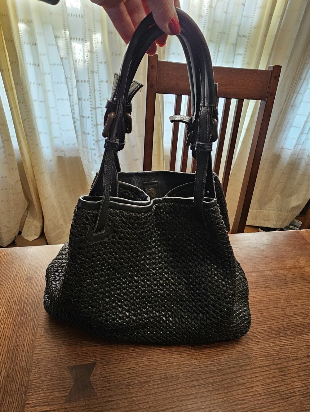 Platania Made In Italy Leather Basketweave Shoulder Hobo Black